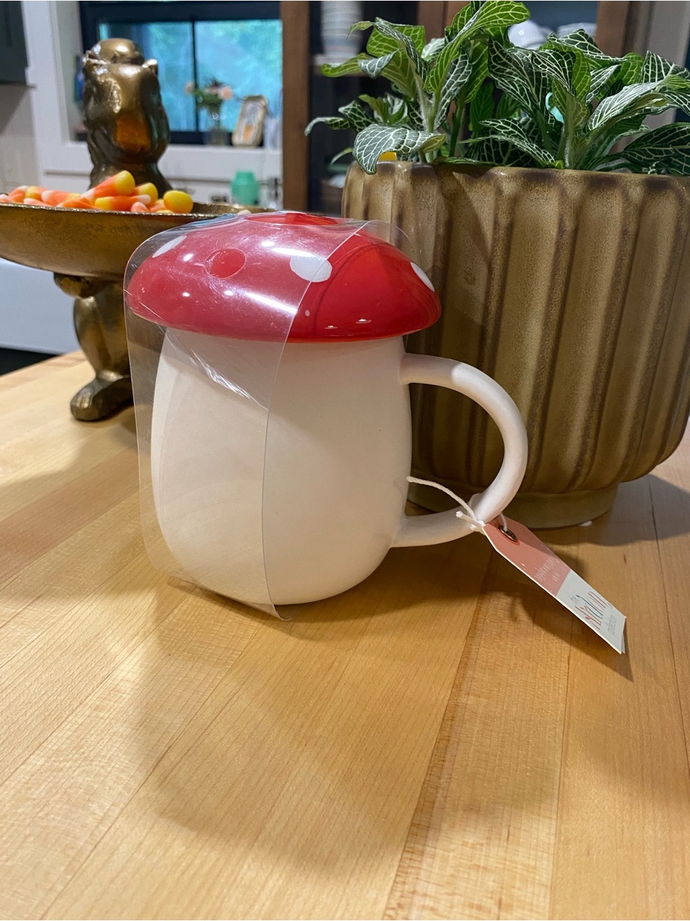 Cottagecore Playful Red Mushroom-Lid Ceramic Mug with Handle
